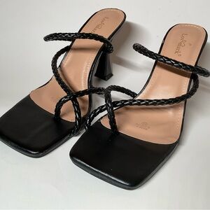 Black High Heels Mule Slip On Strappy Chunky Square Open Toe Sandal Shoe 8.5